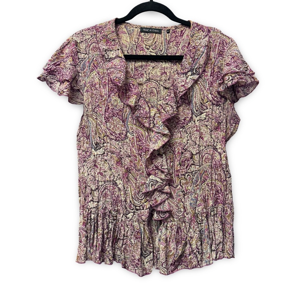 Violet & Claire Burgundy & Green Paisley Ruffle Blouse - XLG